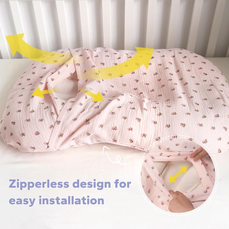 FUNUPUP Muslin Baby Lounger Cover Compatible with Snuggle Me Lounger, Infant Lounger Pillow Cover for Newborn, Removable Newborn Lounger Cover for Boys and Girls, Only Cover, Pink&Pink Flower - Image 3